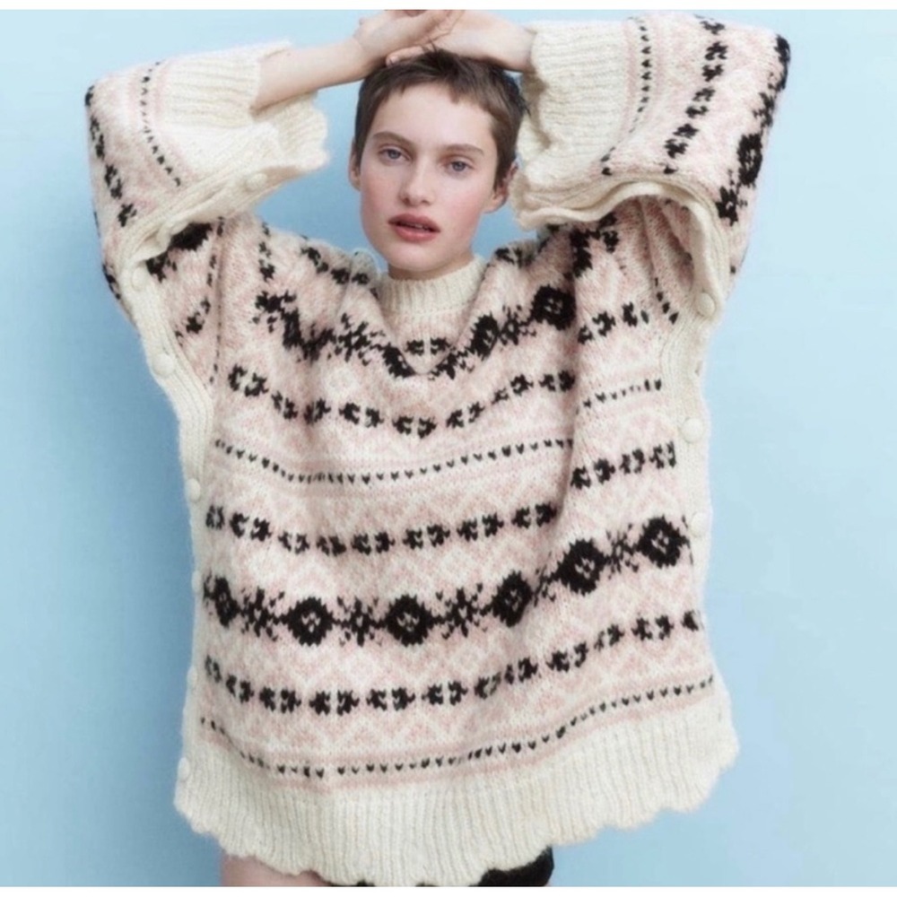 Zara Oversized Fair Isle Knit Sweater Pink Cream Side Button M-L NWT